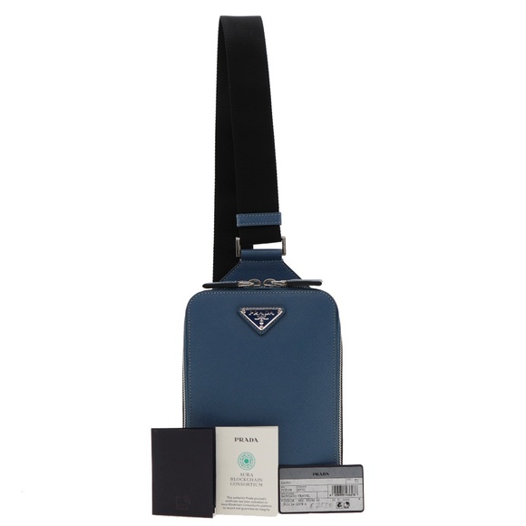 Prada Brique Travel Sling Bag Blue Saffiano Leather 2VZ106 New - Picture 4 of 7